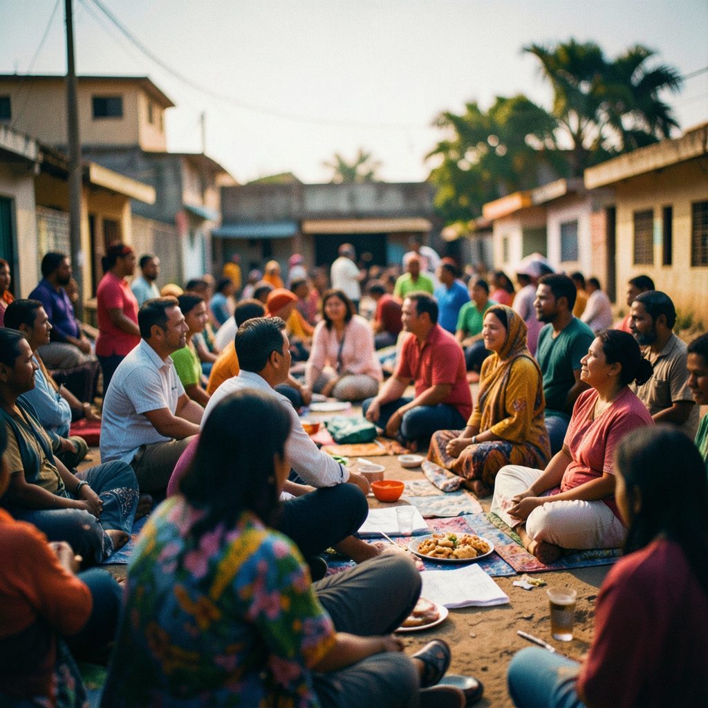 A wide, saturated scene with bold warm colors and a soft, cinematic depth of field, suggesting community and collaboration.